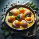 Eine Schüssel mit Eiern in Senfsauce, die in einer würzigen Sauce mit Kräutern und Gewürzen präsentiert werden, ideal für kulinarische Anwendungen.