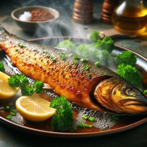 Gebratene Forelle auf einem Teller, garniert mit Zitrone und frischen Kräutern, umgeben von Dampf und Gewürzen.