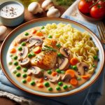 Hühnerfrikasse mit Nudeln, Erbsen, Karotten und Champignons in einer cremigen Sauce auf einem Teller.