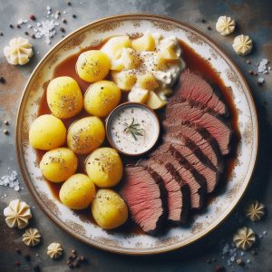 Tafelspitz: Gekochtes Rind, Kartoffeln, Sauce und Beilagen, appetitlich angerichtet auf einem eleganten Teller.