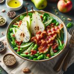 Frischer Salat mit Birnen, Speck, grünen Bohnen und Samen in einer Schüssel, ideal für gesunde Ernährung und kreative Rezepte.