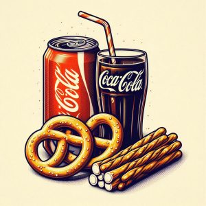 Coca-Cola Dose und Glas mit Brezeln und Snack-Sticks, ideal für Erfrischungen und Snacks.