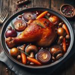 Geröstetes Hähnchenbein mit Karotten, Zwiebeln und Pilzen in einer aromatischen Sauce, serviert auf einem dunklen Teller.