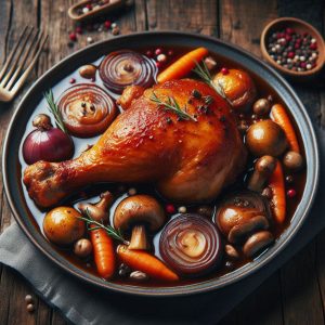 Geröstetes Hähnchenbein mit Karotten, Zwiebeln und Pilzen in einer aromatischen Sauce, serviert auf einem dunklen Teller.