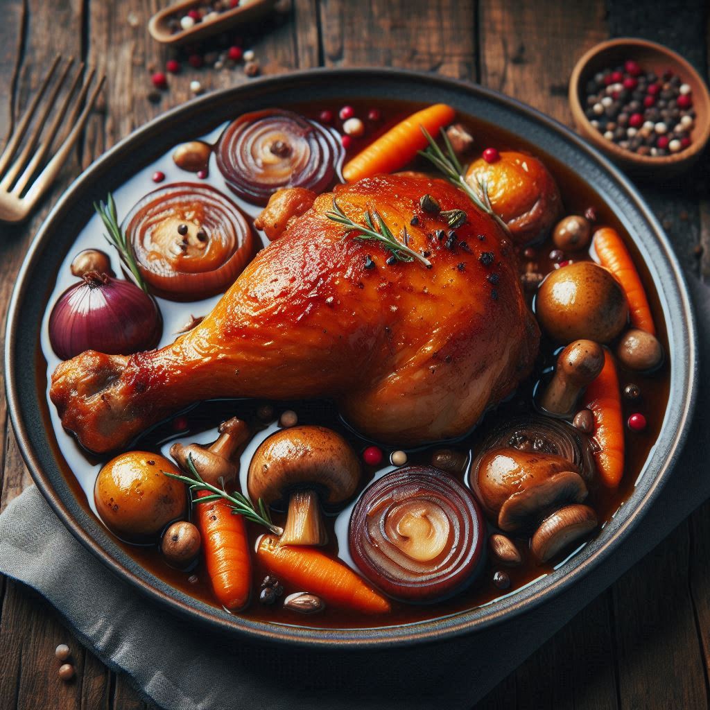 Geröstetes Hähnchenbein mit Karotten, Zwiebeln und Pilzen in einer aromatischen Sauce, serviert auf einem dunklen Teller.