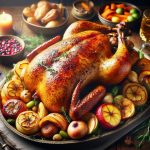 Gerösteter Gänsebraten auf einem Servierteller, umgeben von Äpfeln, Zwiebeln und Gemüse, ideal für festliche Anlässe.