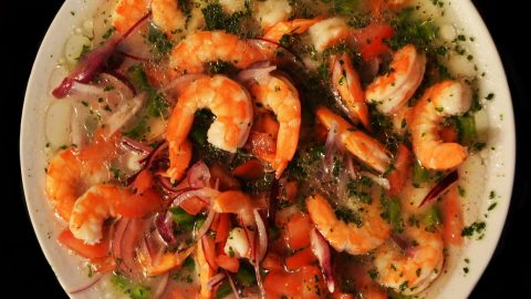 Frischer Garnelen-Ceviche mit Zwiebeln, Koriander und Limettensaft auf einem weißen Teller, ideal für Meeresfrüchte-Liebhaber.