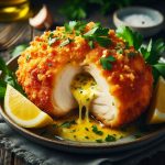 Krosses Hähnchen gefüllt mit geschmolzenem Käse und serviert mit Zitronensauce und frischen Kräutern auf einem Teller.