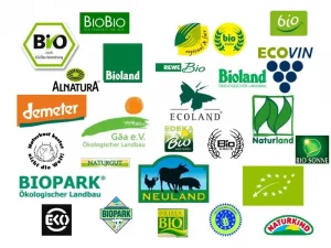 Eine Sammlung von verschiedenen Bio-Logos und Zertifizierungen, die ökologische Produkte repräsentieren, einschließlich Demeter und Bioland.