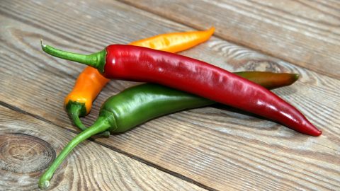 Bunte Chilis in rot, grün und orange auf einem Holzuntergrund, ideal für kulinarische Anwendungen und Rezepte.