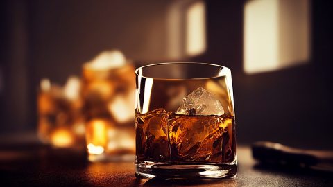 Ein Whiskeyglas mit Eiswürfeln, gefüllt mit goldbraunem Whiskey, auf einem dunklen Tisch. Ideal für Getränkepräsentationen und Genuss.
