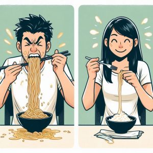 Illustration von zwei Personen, die Nudeln essen, eine Person genießt es, während die andere unordentlich ist. Ideal für Essensdarstellungen.