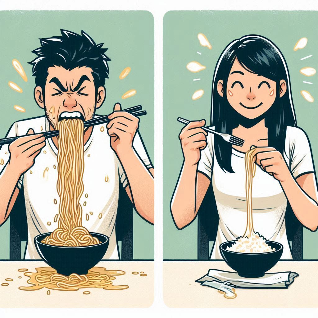 Illustration von zwei Personen, die Nudeln essen, eine Person genießt es, während die andere unordentlich ist. Ideal für Essensdarstellungen.