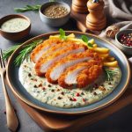 Paniertes Schnitzel mit Estragon-Sauce und Pommes, dekoriert mit frischen Kräutern und Gewürzen.